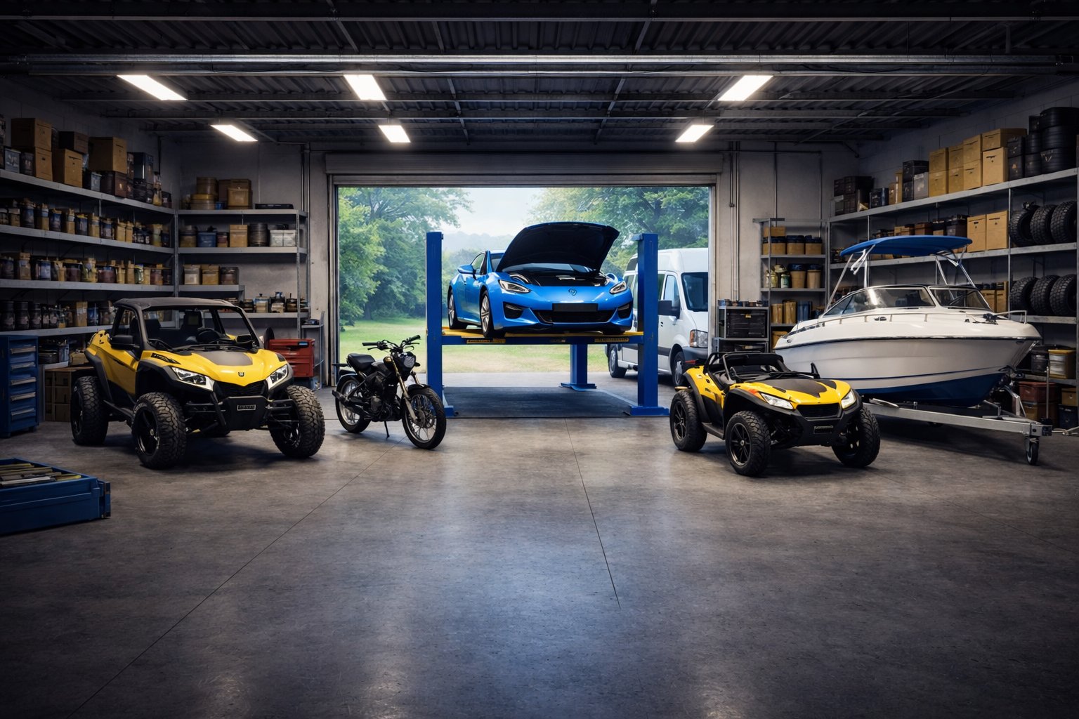 Garage with vehicles